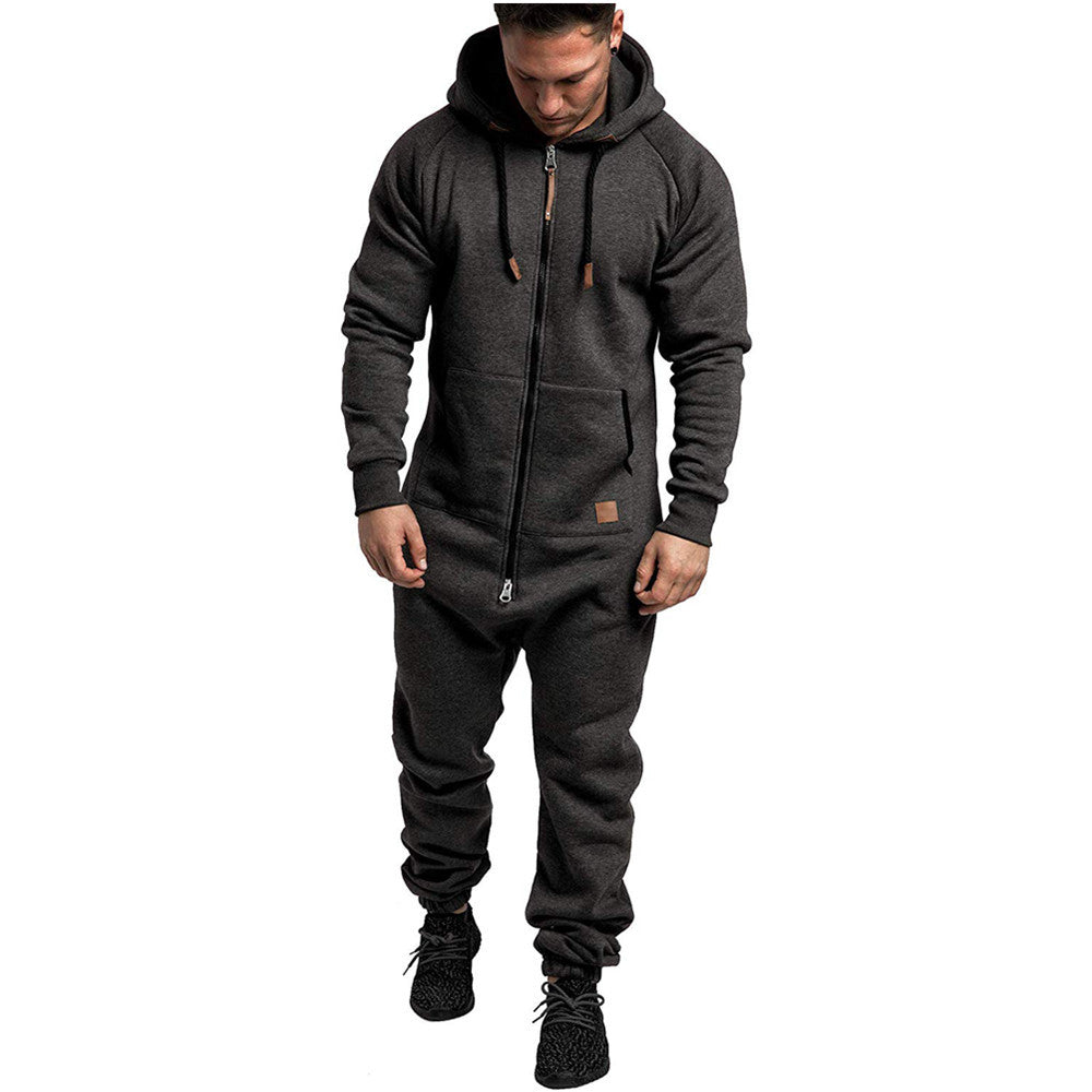 In-Stock New Foreign Trade Men's Hooded Fleece Jumpsuit Solid Color Casual Men's Jumpsuit