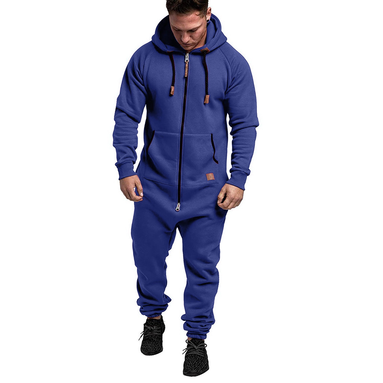 In-Stock New Foreign Trade Men's Hooded Fleece Jumpsuit Solid Color Casual Men's Jumpsuit