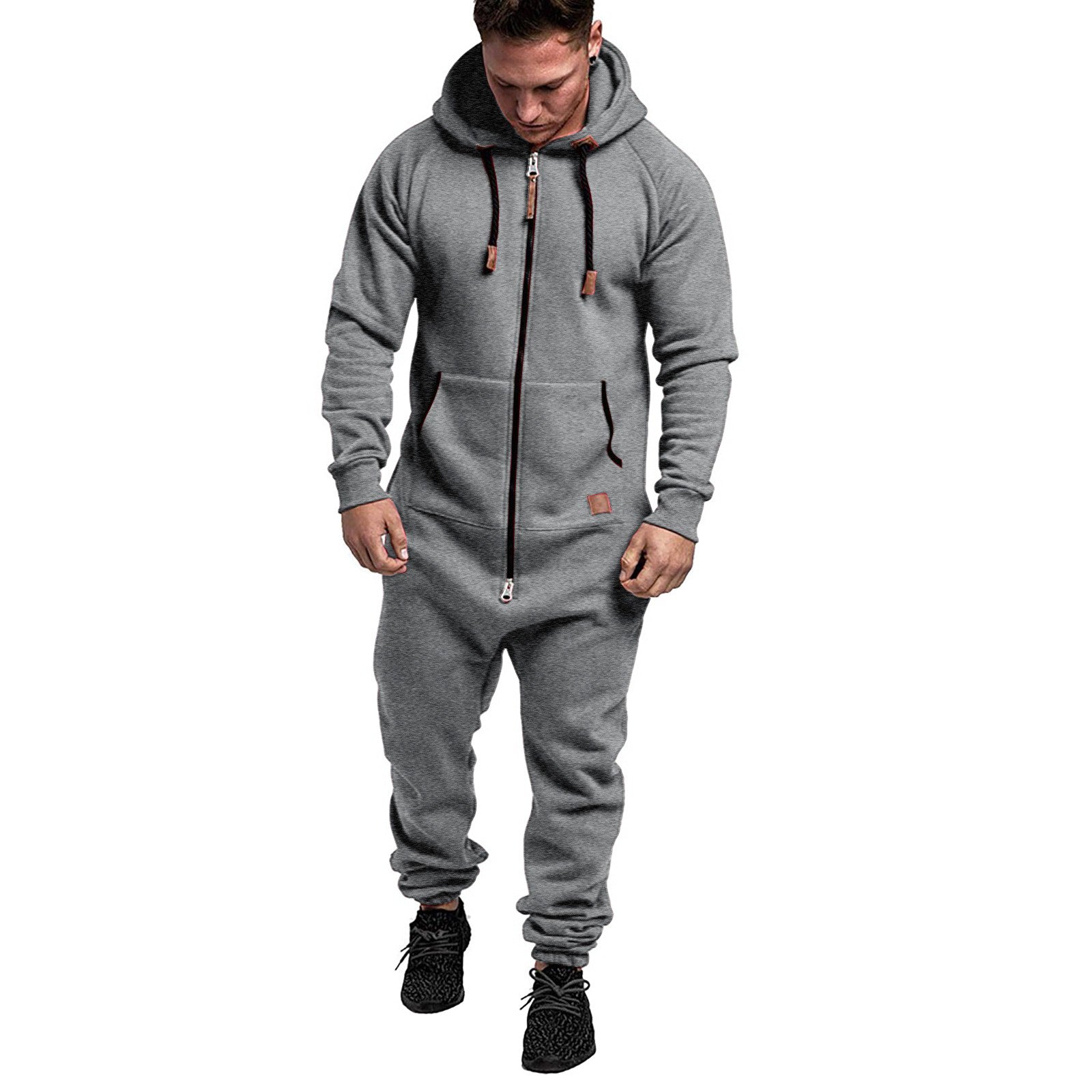 In-Stock New Foreign Trade Men's Hooded Fleece Jumpsuit Solid Color Casual Men's Jumpsuit
