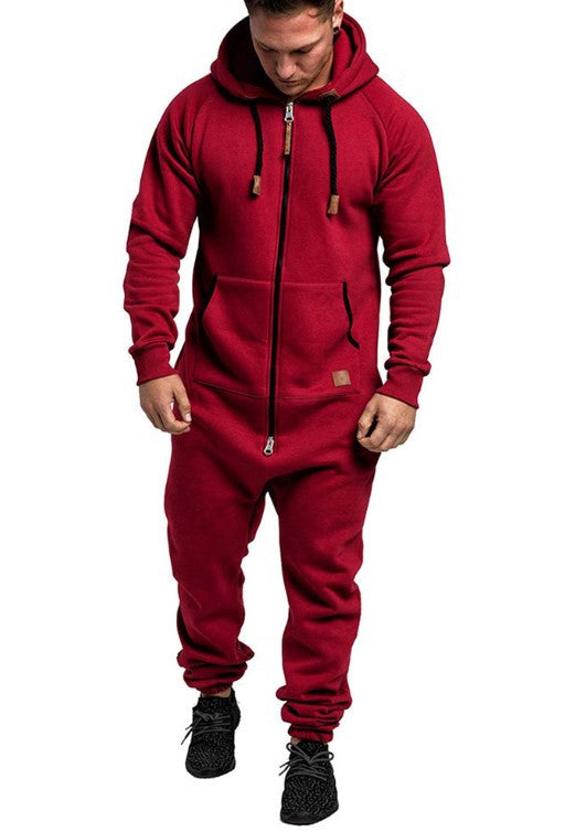In-Stock New Foreign Trade Men's Hooded Fleece Jumpsuit Solid Color Casual Men's Jumpsuit