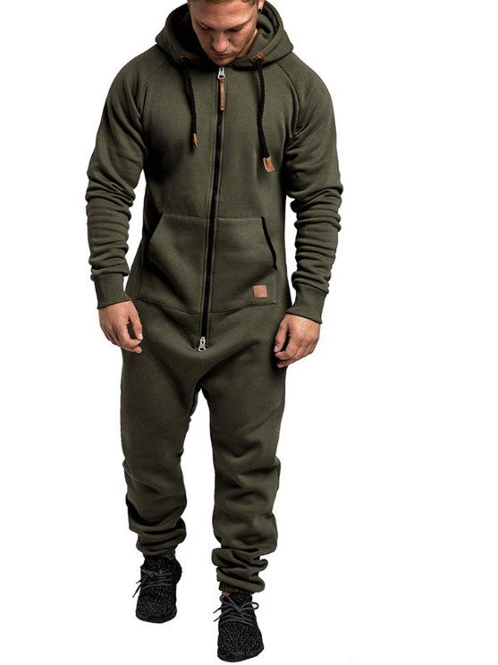 In-Stock New Foreign Trade Men's Hooded Fleece Jumpsuit Solid Color Casual Men's Jumpsuit