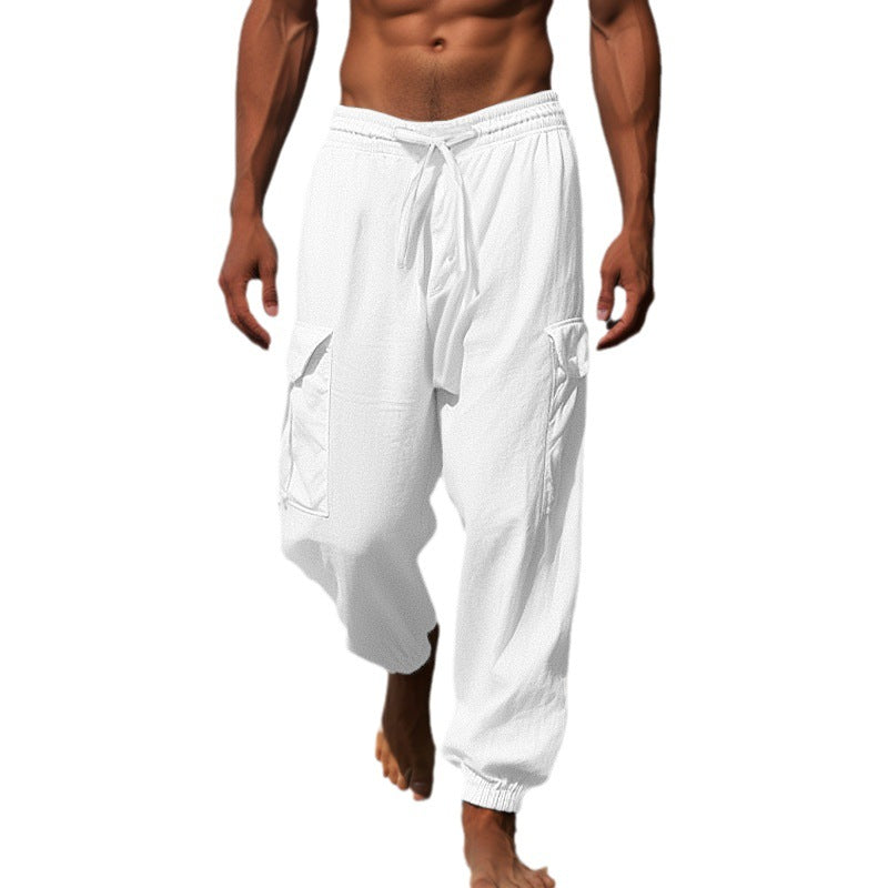 Sports Linen Casual Pants with Thin Drawstrings, Multiple Pockets, Loose Fit, Men's Cargo Pants, Straight-Leg, Relaxed Style