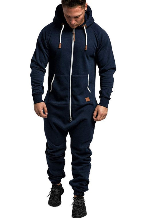 In-Stock New Foreign Trade Men's Hooded Fleece Jumpsuit Solid Color Casual Men's Jumpsuit