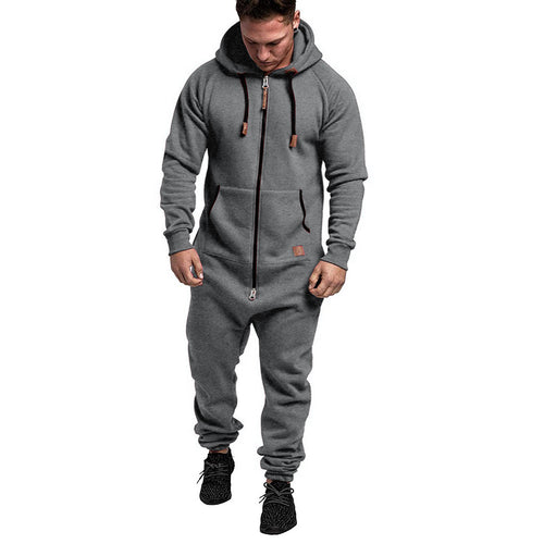 In-Stock New Foreign Trade Men's Hooded Fleece Jumpsuit Solid Color Casual Men's Jumpsuit