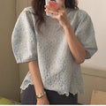 Korean style chic puff sleeve top for women new design sense niche chic heavy embroidery flower loose shirt