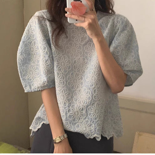 Korean style chic puff sleeve top for women new design sense niche chic heavy embroidery flower loose shirt