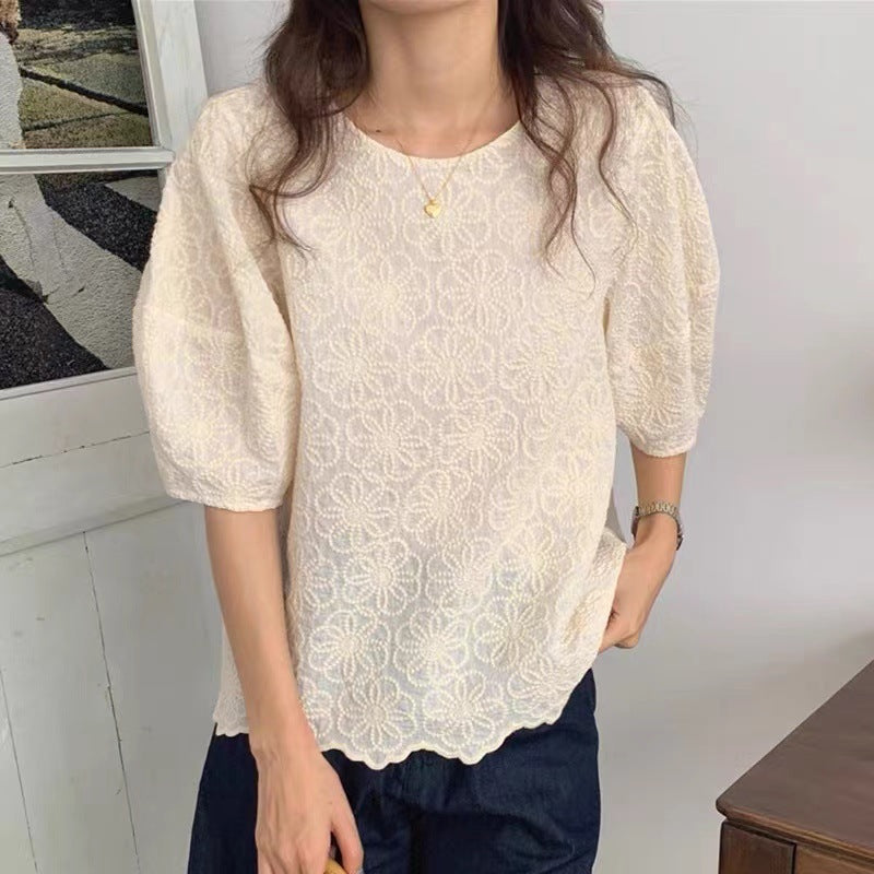 Korean style chic puff sleeve top for women new design sense niche chic heavy embroidery flower loose shirt