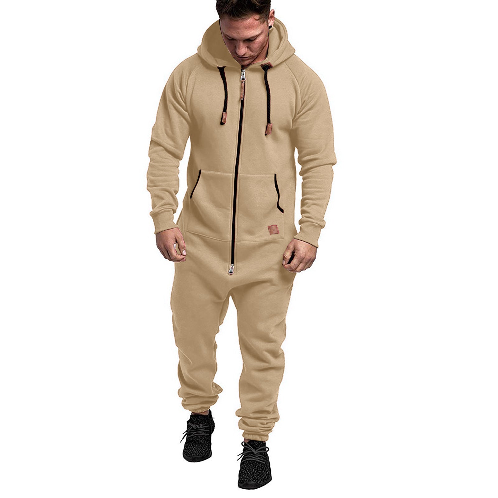 In-Stock New Foreign Trade Men's Hooded Fleece Jumpsuit Solid Color Casual Men's Jumpsuit