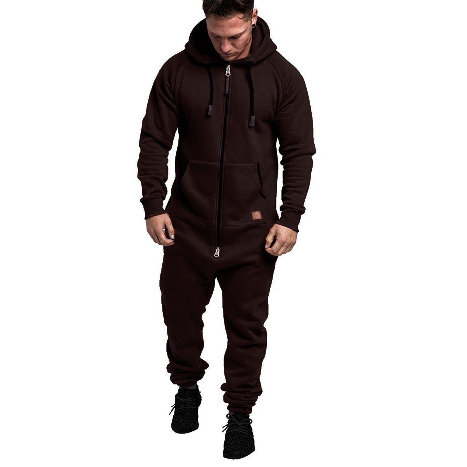 In-Stock New Foreign Trade Men's Hooded Fleece Jumpsuit Solid Color Casual Men's Jumpsuit