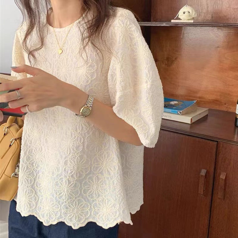 Korean style chic puff sleeve top for women new design sense niche chic heavy embroidery flower loose shirt