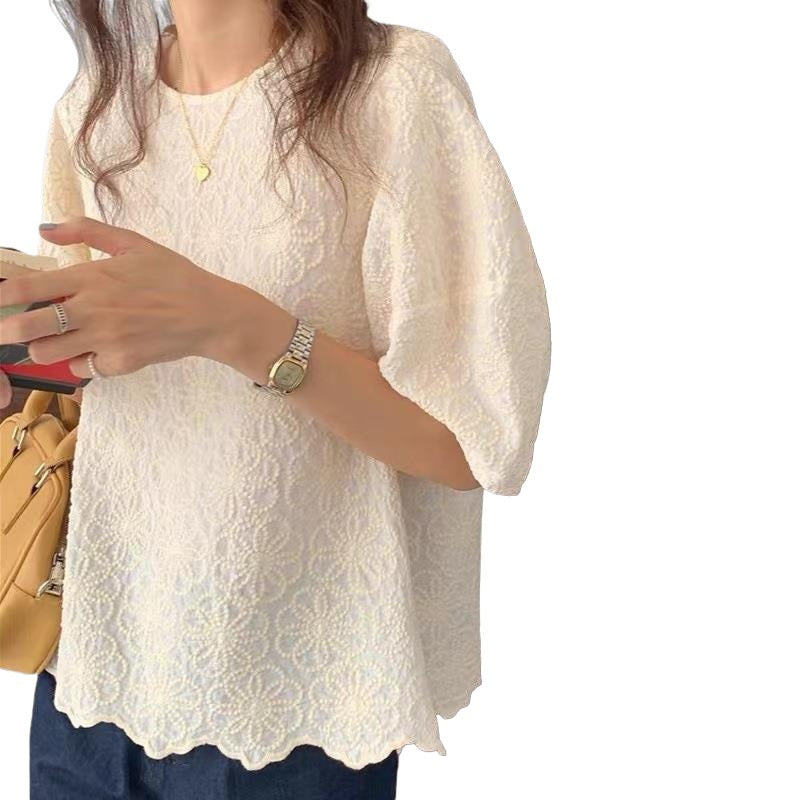 Korean style chic puff sleeve top for women new design sense niche chic heavy embroidery flower loose shirt