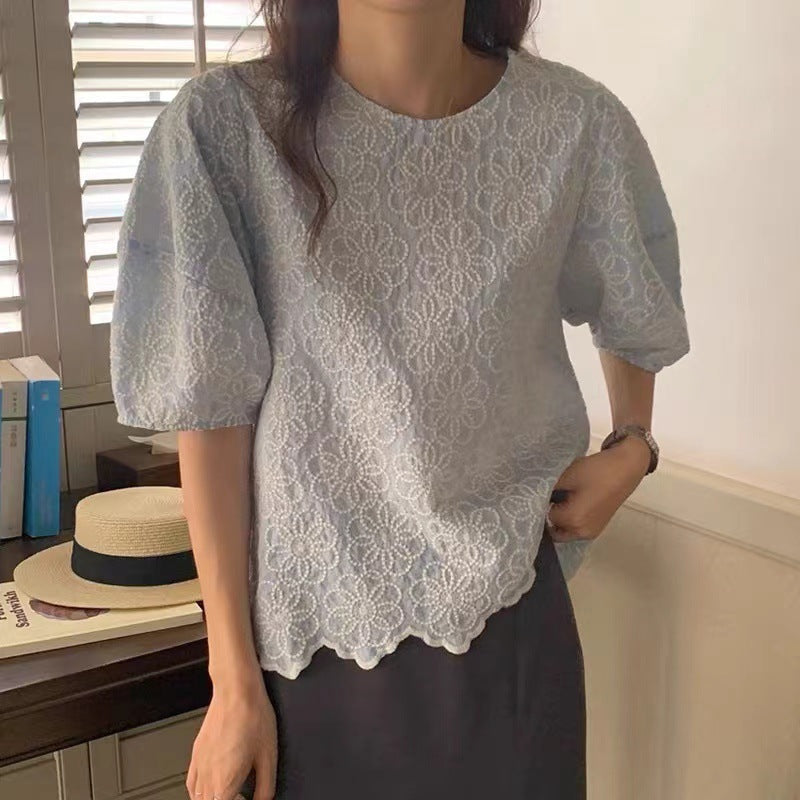 Korean style chic puff sleeve top for women new design sense niche chic heavy embroidery flower loose shirt