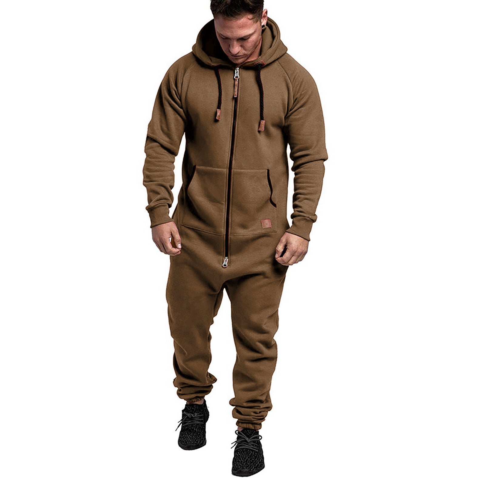 In-Stock New Foreign Trade Men's Hooded Fleece Jumpsuit Solid Color Casual Men's Jumpsuit