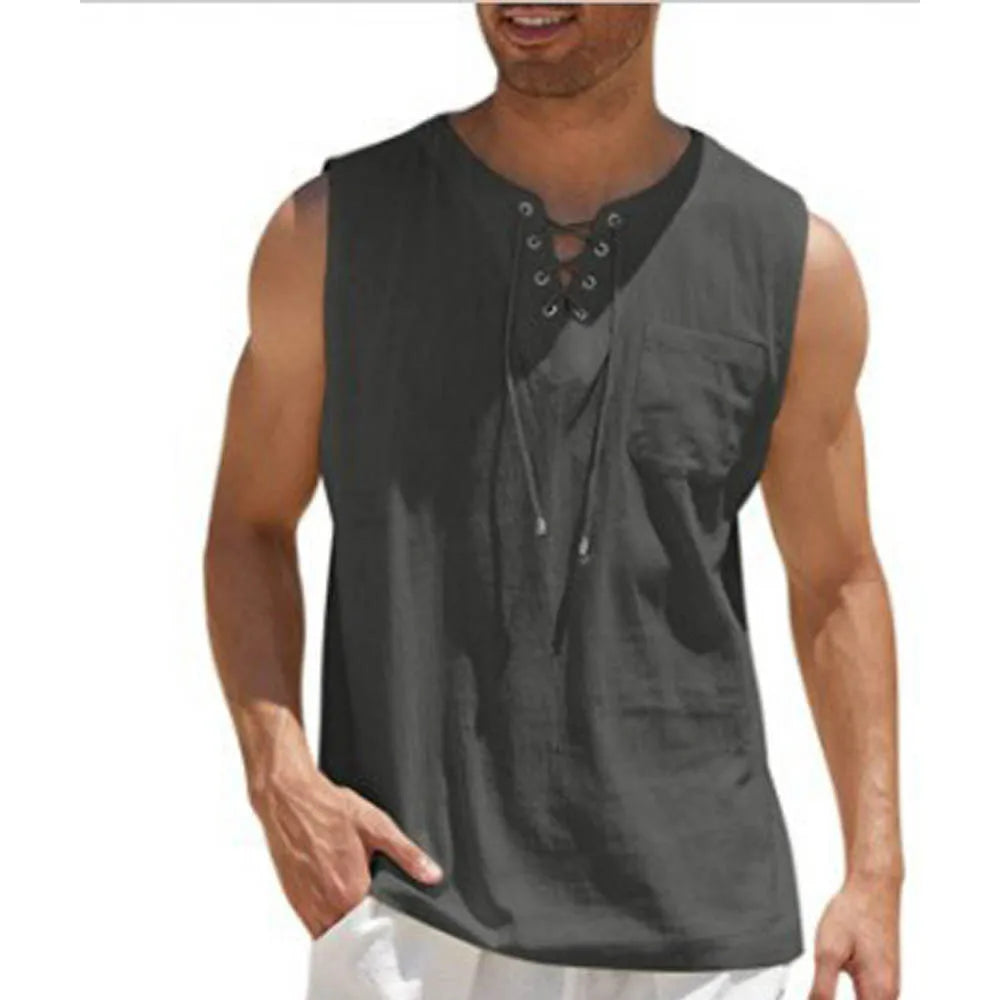 Summer Men's Lightweight Tank Top Breathable Tops Fashion Solid Color Sleeveless Lace Up Vest Shirt Tshirts Clothes