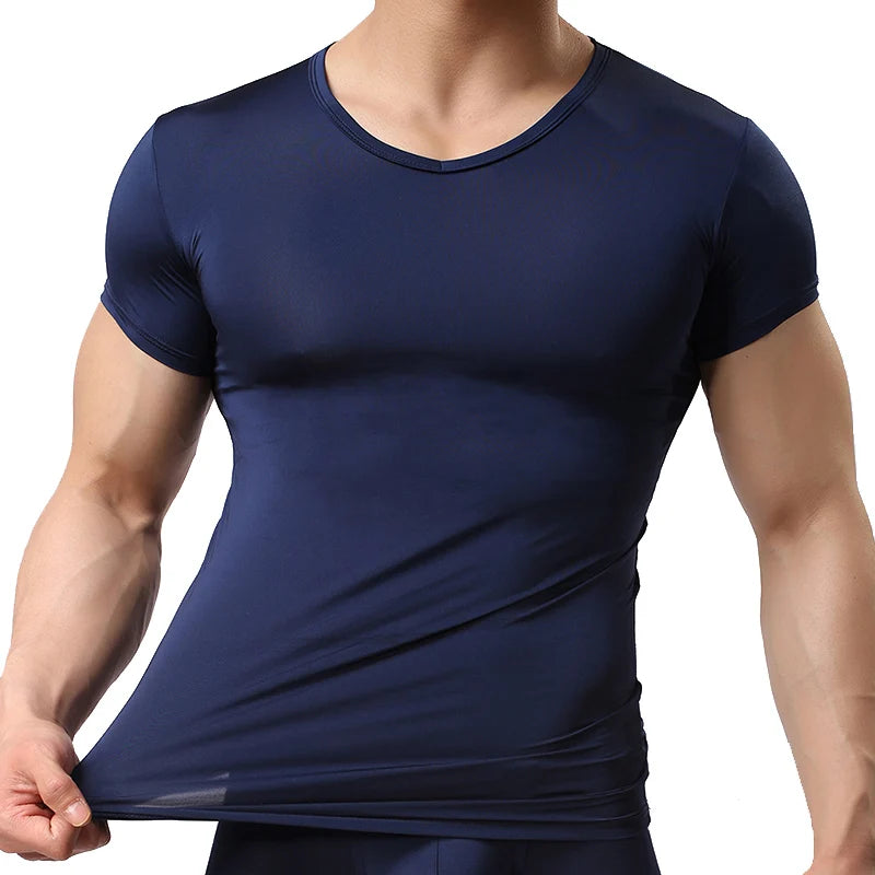 New Men's Sexy Ice Silk T Shirts Solid Color Male V-neck Short Sleeves t shirt Tops Plus Size S-XXL
