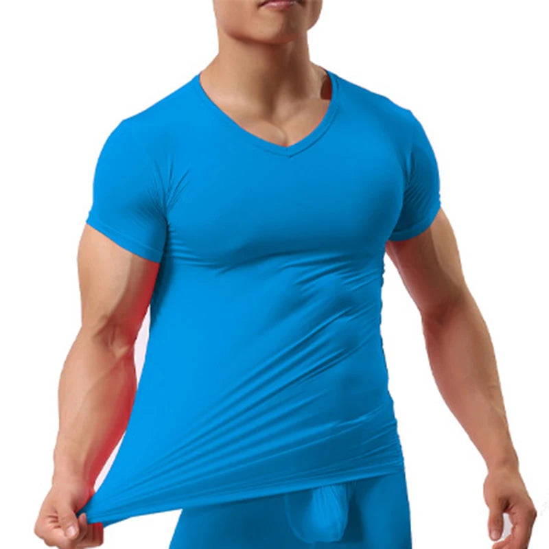 New Men's Sexy Ice Silk T Shirts Solid Color Male V-neck Short Sleeves t shirt Tops Plus Size S-XXL