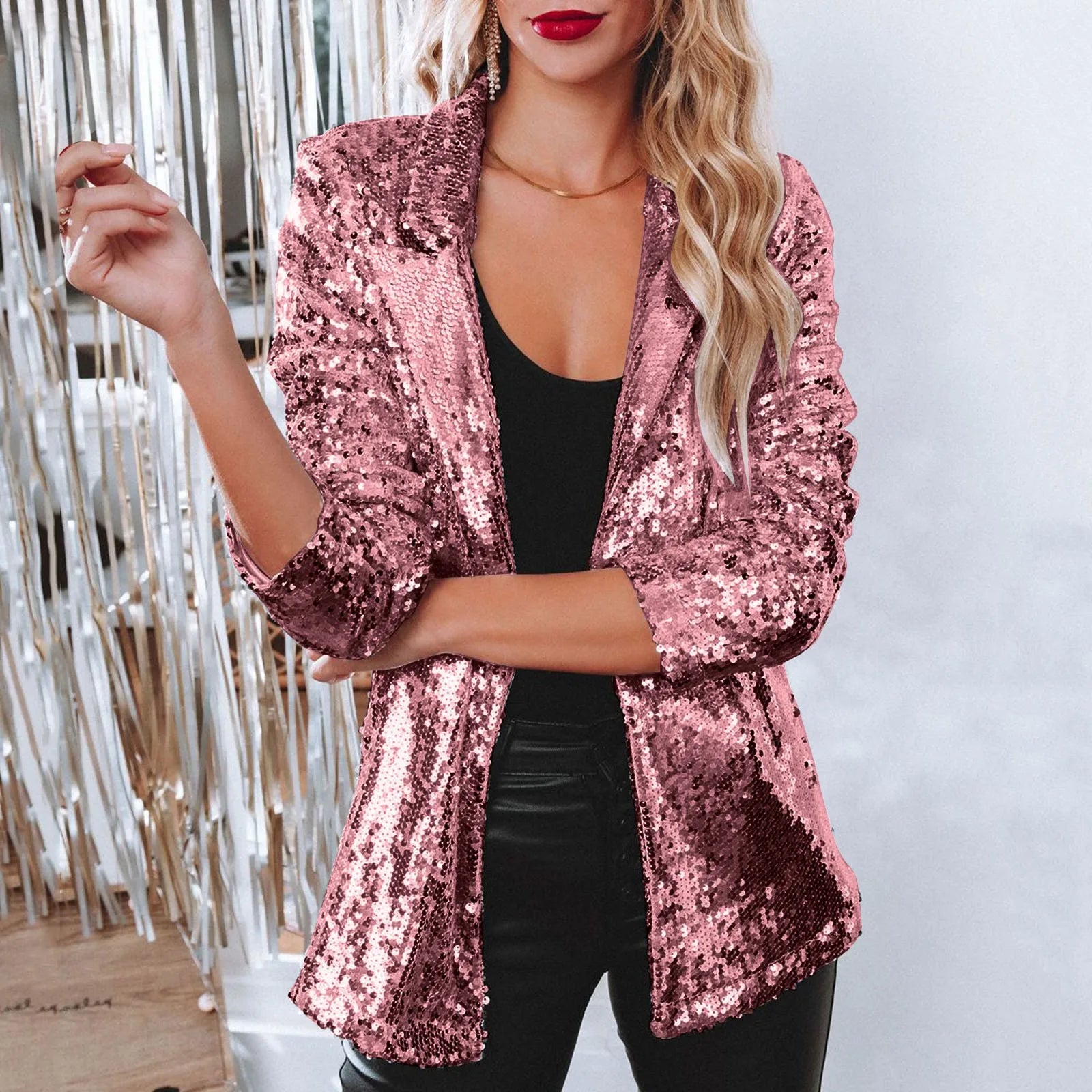 Shiny Sequins Party Jackets For Women Solid Glossy Color Lapel Neck Quarter Sleeve Right Shoulder Waist Jackets Chaquetas