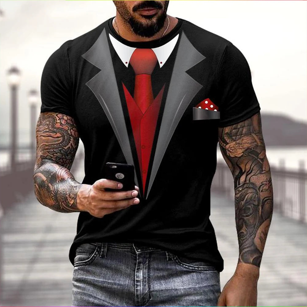 Summer fashion fun fake suit 3D tailcoat bow funny fun personality casual T-shirt