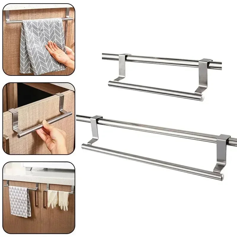 1pc Towel Rod Steel Metal Wire Over Cabinet Towel Rack Storage Organizer Bathroom Door Hanging Towel Rack Punch-free Rag Hanger