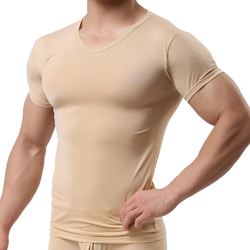 New Men's Sexy Ice Silk T Shirts Solid Color Male V-neck Short Sleeves t shirt Tops Plus Size S-XXL