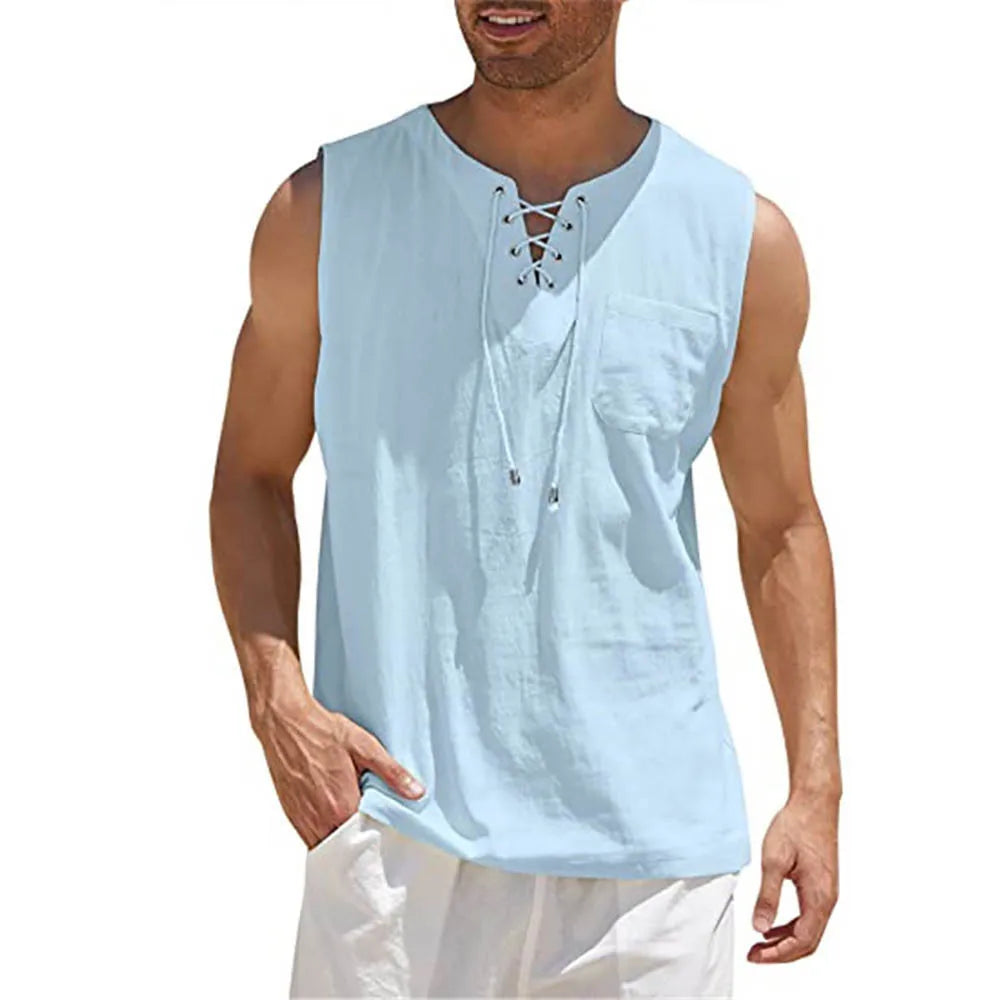 Summer Men's Lightweight Tank Top Breathable Tops Fashion Solid Color Sleeveless Lace Up Vest Shirt Tshirts Clothes
