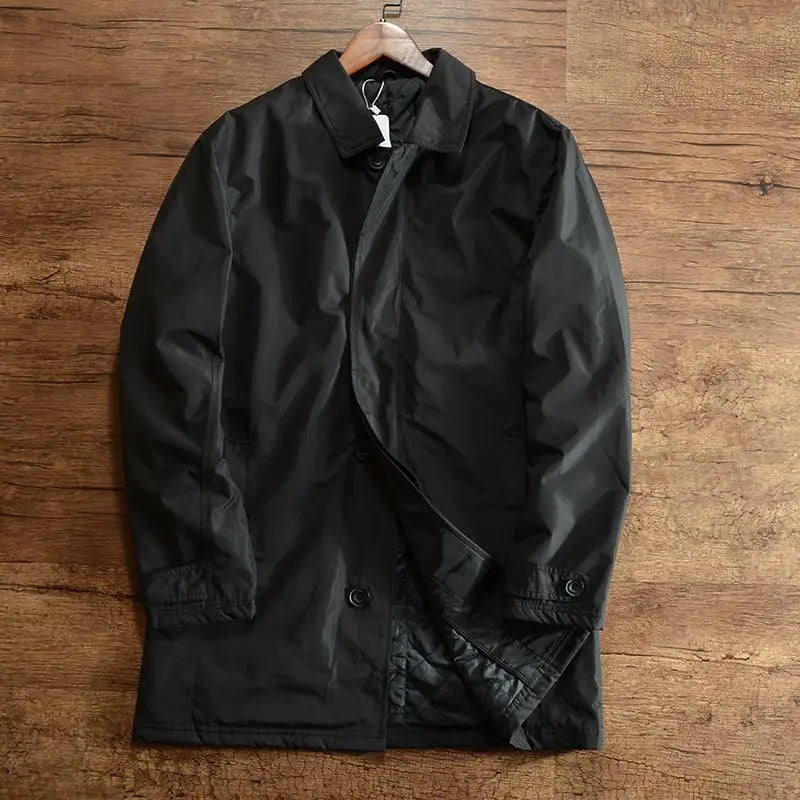 Men's Elegant Windbreaker Korean Style Simple Cotton Jacket for Warmth in Winter Medium Length Lapel Trench Coat Button Up Top
