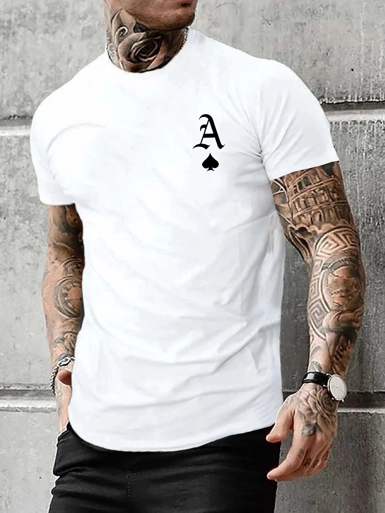 Summer men's 100% cotton casual loose fit large A letter print round neck short sleeved T-shirt top
