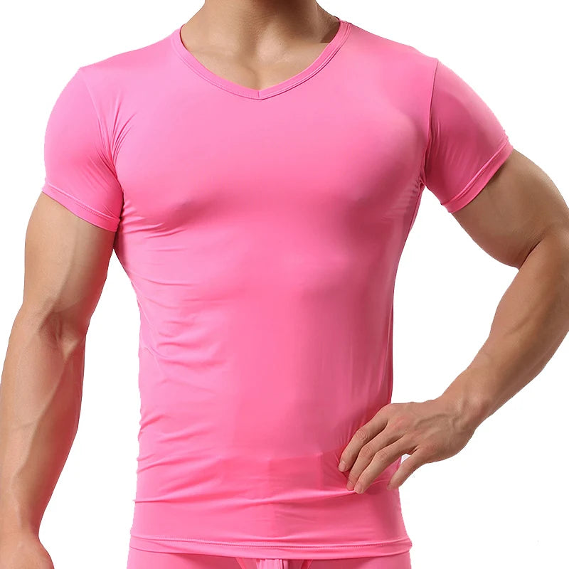 New Men's Sexy Ice Silk T Shirts Solid Color Male V-neck Short Sleeves t shirt Tops Plus Size S-XXL