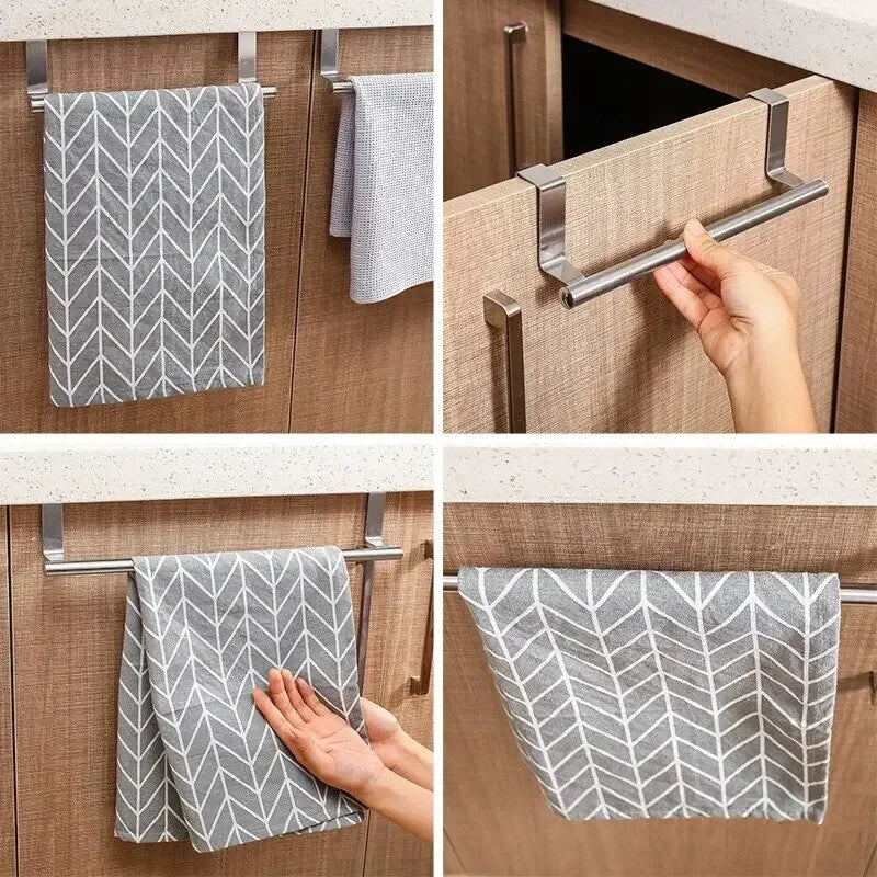 1pc Towel Rod Steel Metal Wire Over Cabinet Towel Rack Storage Organizer Bathroom Door Hanging Towel Rack Punch-free Rag Hanger