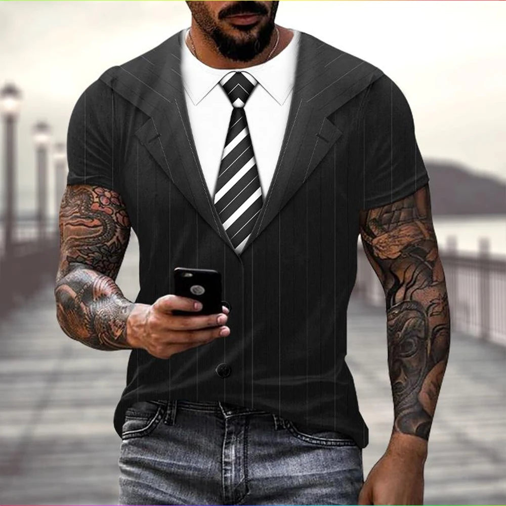 Summer fashion fun fake suit 3D tailcoat bow funny fun personality casual T-shirt