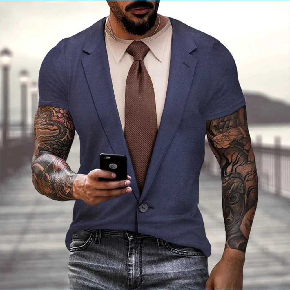 Summer fashion fun fake suit 3D tailcoat bow funny fun personality casual T-shirt