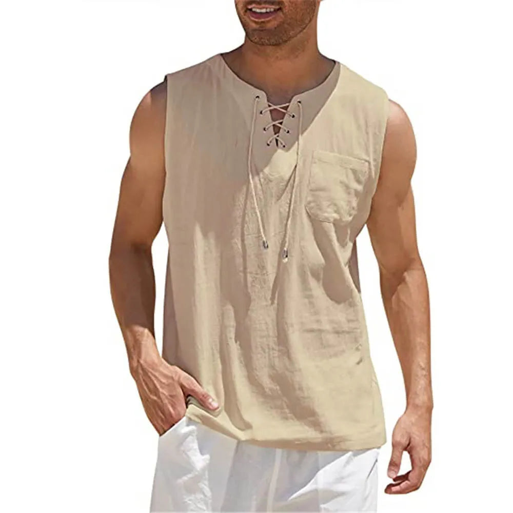 Summer Men's Lightweight Tank Top Breathable Tops Fashion Solid Color Sleeveless Lace Up Vest Shirt Tshirts Clothes