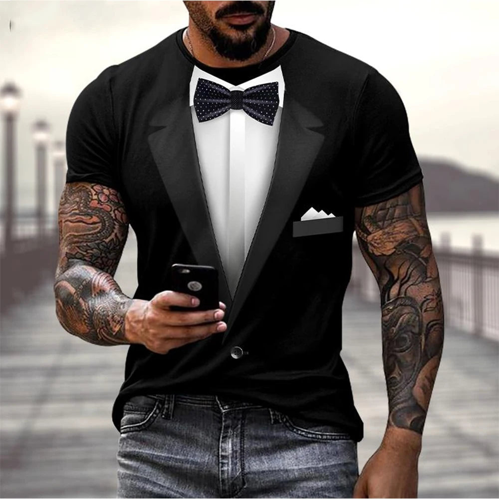 Summer fashion fun fake suit 3D tailcoat bow funny fun personality casual T-shirt