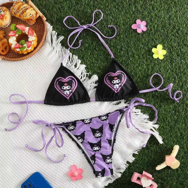 Kawaii Japanese Kitty Hot Girl Split Strap Summer Bikini Girls Seaside Fashion Resort Swimsuit Leopard Print Cartoon Hello Kitty