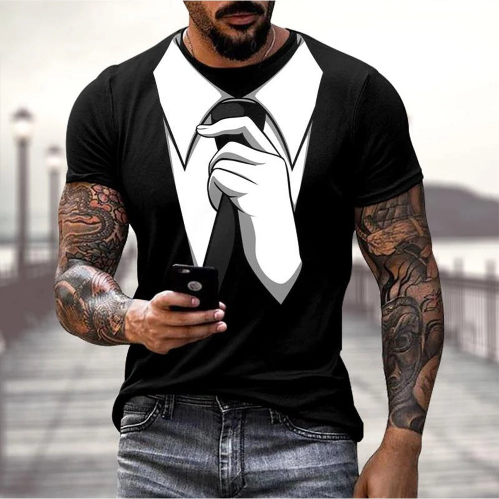 Summer fashion fun fake suit 3D tailcoat bow funny fun personality casual T-shirt