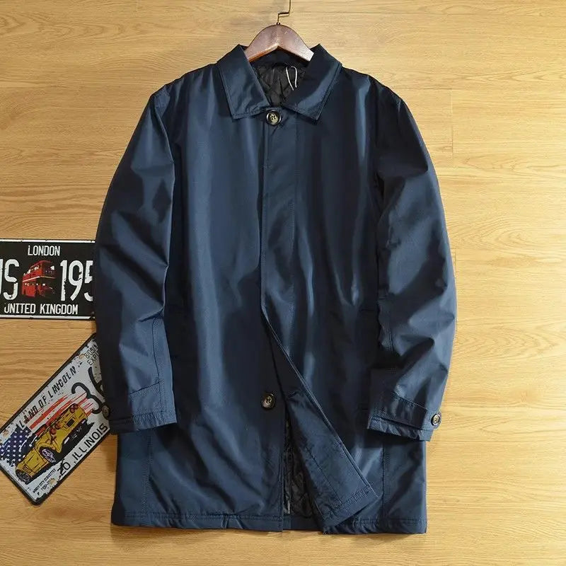 Men's Elegant Windbreaker Korean Style Simple Cotton Jacket for Warmth in Winter Medium Length Lapel Trench Coat Button Up Top
