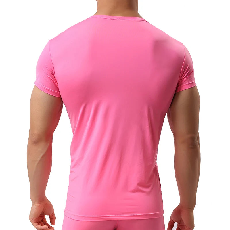 New Men's Sexy Ice Silk T Shirts Solid Color Male V-neck Short Sleeves t shirt Tops Plus Size S-XXL
