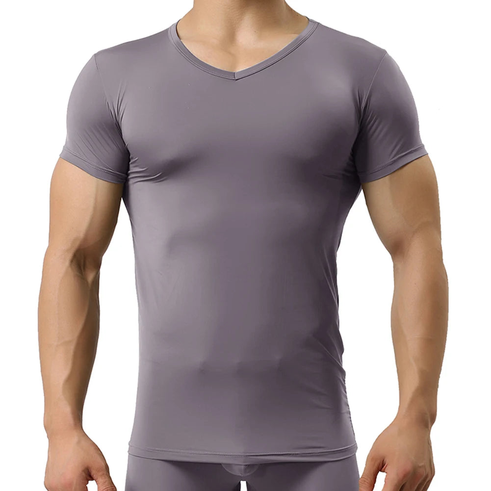 New Men's Sexy Ice Silk T Shirts Solid Color Male V-neck Short Sleeves t shirt Tops Plus Size S-XXL