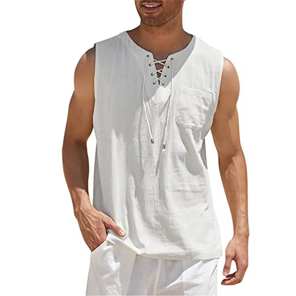 Summer Men's Lightweight Tank Top Breathable Tops Fashion Solid Color Sleeveless Lace Up Vest Shirt Tshirts Clothes