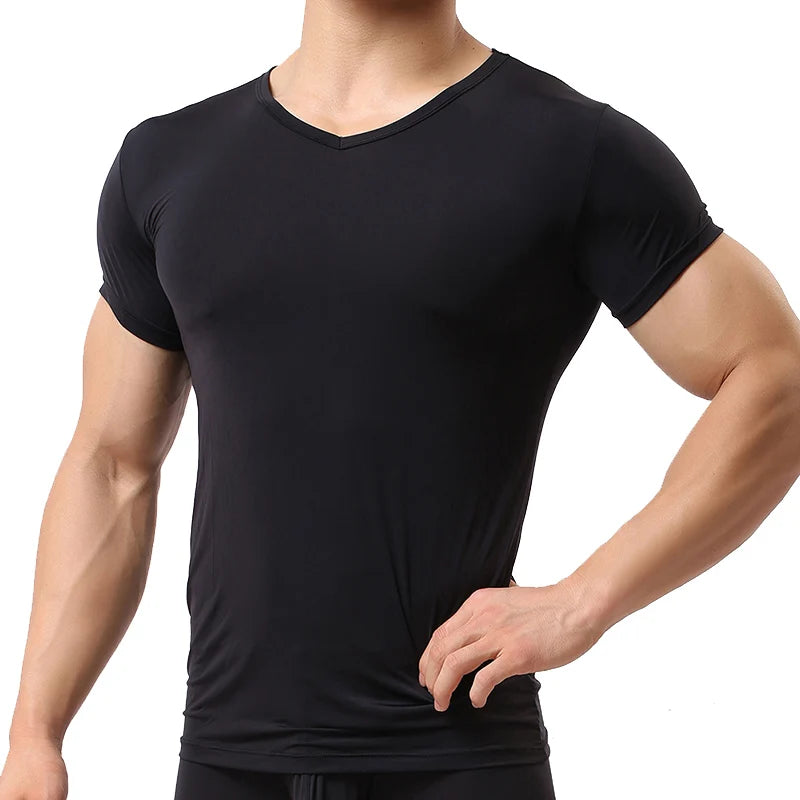 New Men's Sexy Ice Silk T Shirts Solid Color Male V-neck Short Sleeves t shirt Tops Plus Size S-XXL