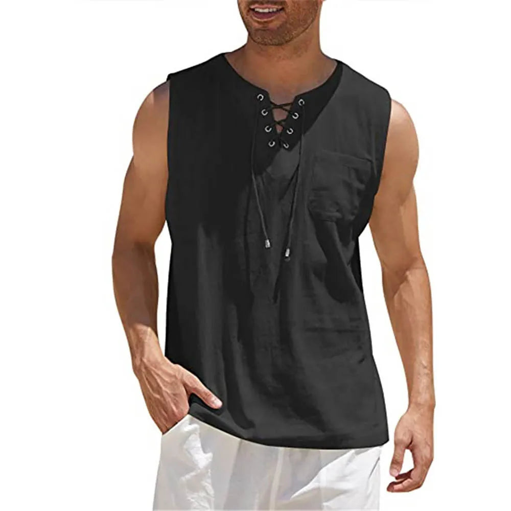 Summer Men's Lightweight Tank Top Breathable Tops Fashion Solid Color Sleeveless Lace Up Vest Shirt Tshirts Clothes