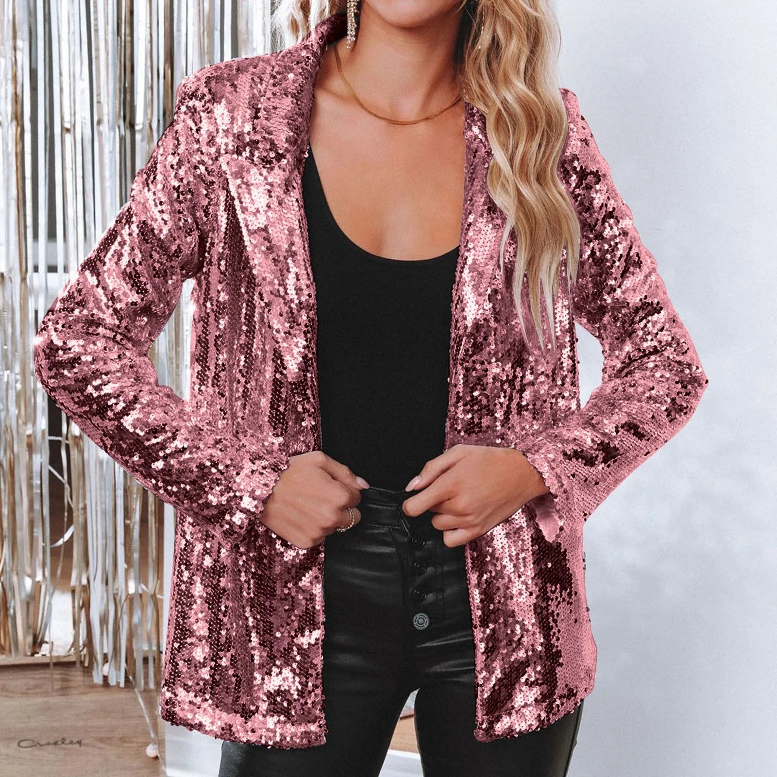 Shiny Sequins Party Jackets For Women Solid Glossy Color Lapel Neck Quarter Sleeve Right Shoulder Waist Jackets Chaquetas