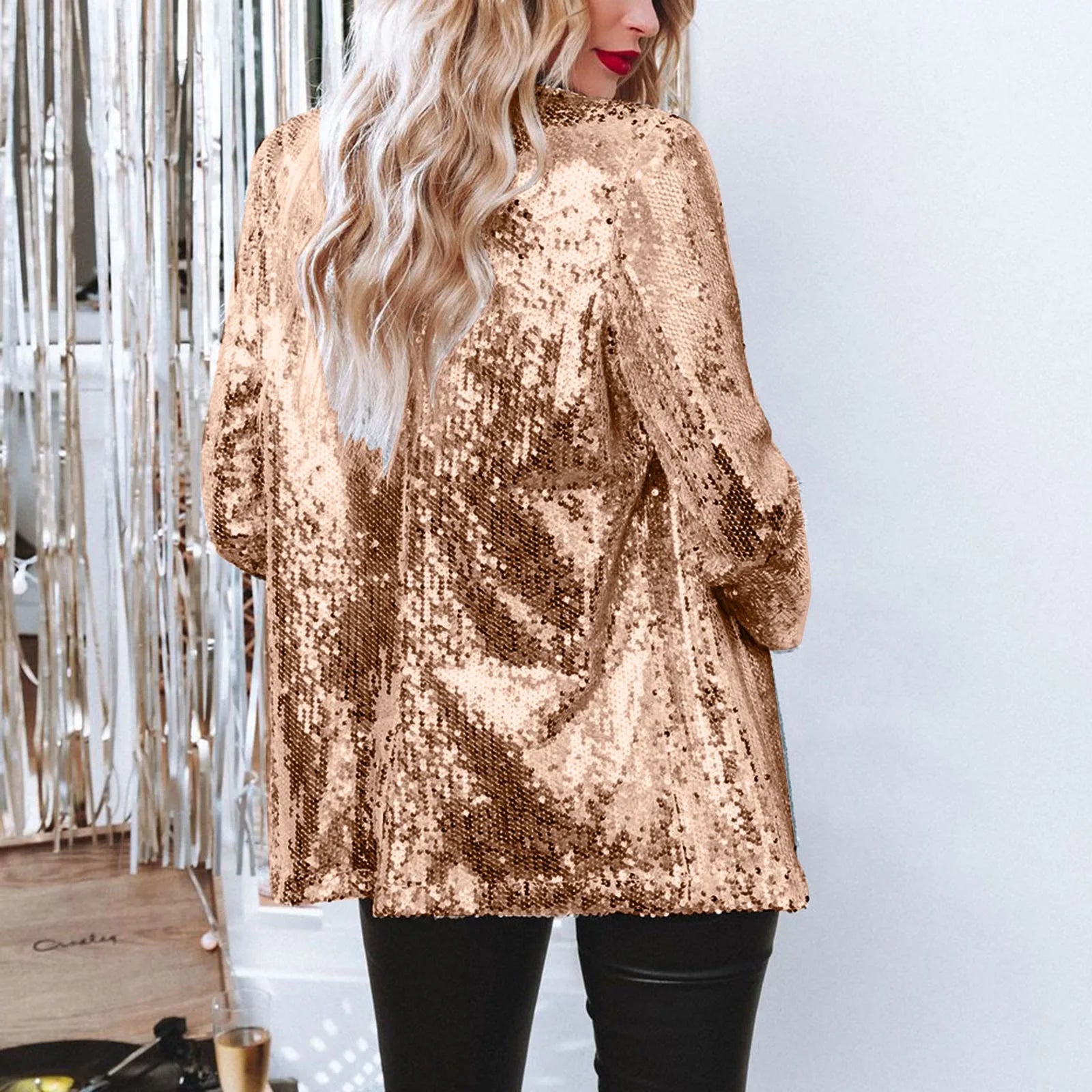 Shiny Sequins Party Jackets For Women Solid Glossy Color Lapel Neck Quarter Sleeve Right Shoulder Waist Jackets Chaquetas