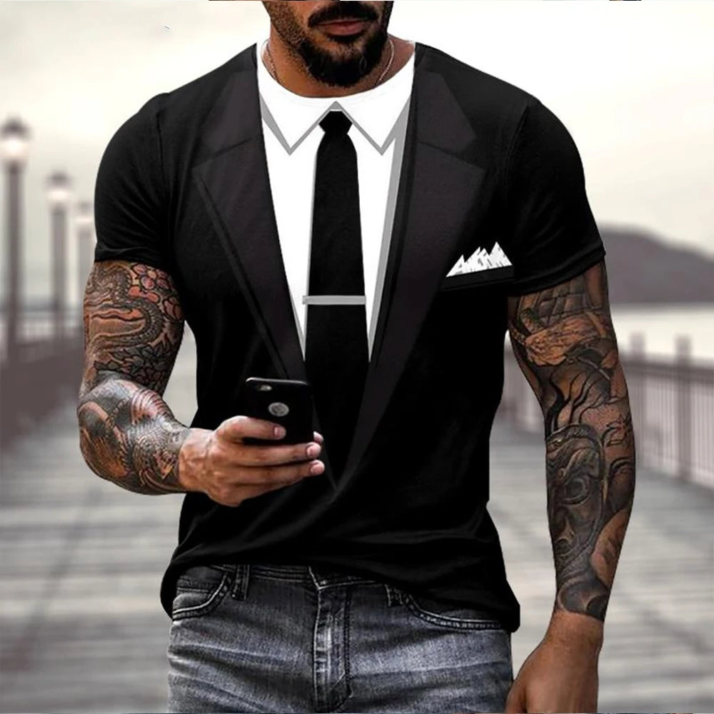 Summer fashion fun fake suit 3D tailcoat bow funny fun personality casual T-shirt