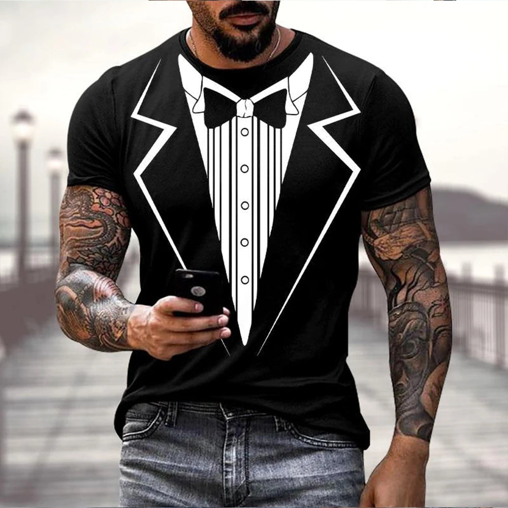 Summer fashion fun fake suit 3D tailcoat bow funny fun personality casual T-shirt