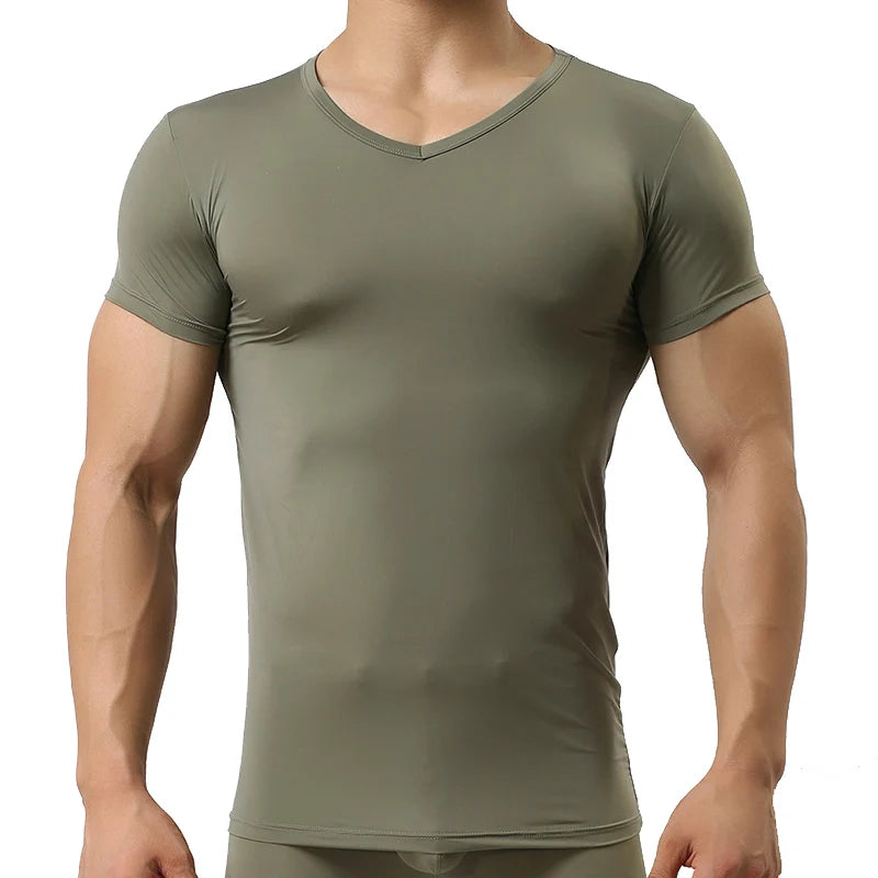 New Men's Sexy Ice Silk T Shirts Solid Color Male V-neck Short Sleeves t shirt Tops Plus Size S-XXL