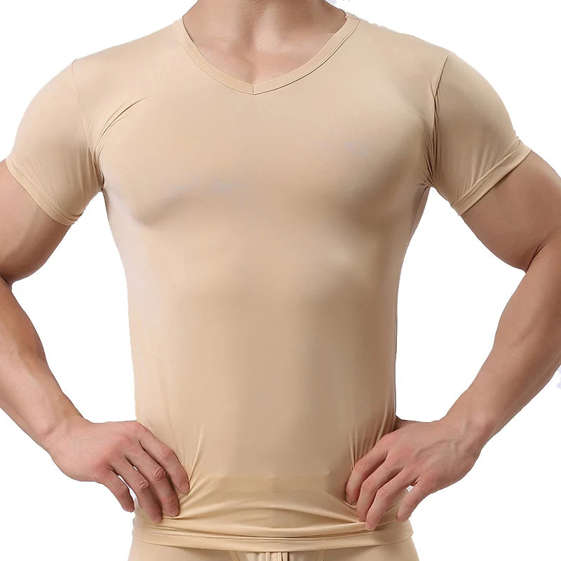 New Men's Sexy Ice Silk T Shirts Solid Color Male V-neck Short Sleeves t shirt Tops Plus Size S-XXL