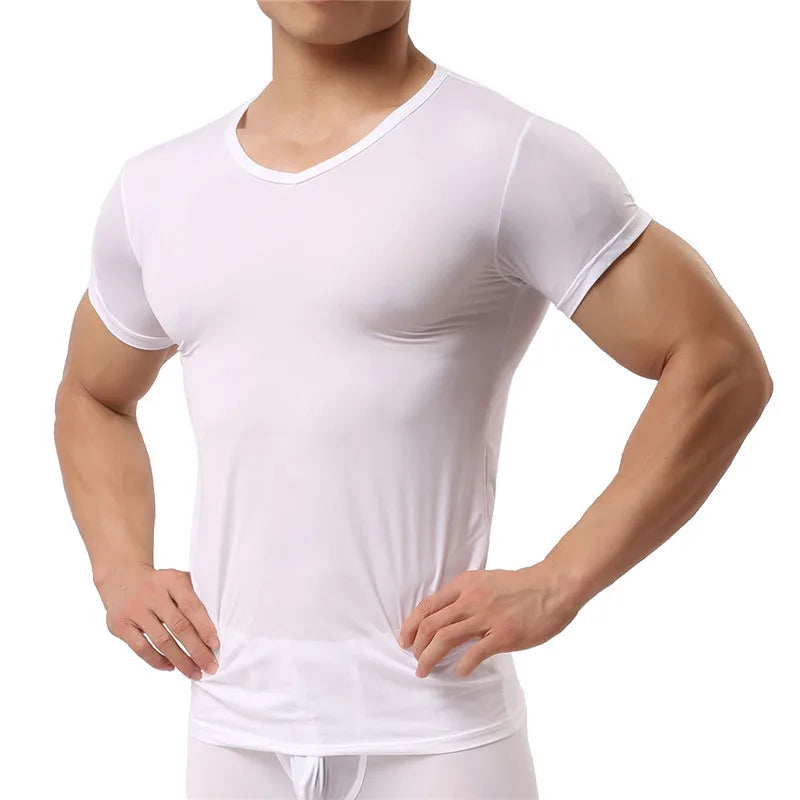 New Men's Sexy Ice Silk T Shirts Solid Color Male V-neck Short Sleeves t shirt Tops Plus Size S-XXL