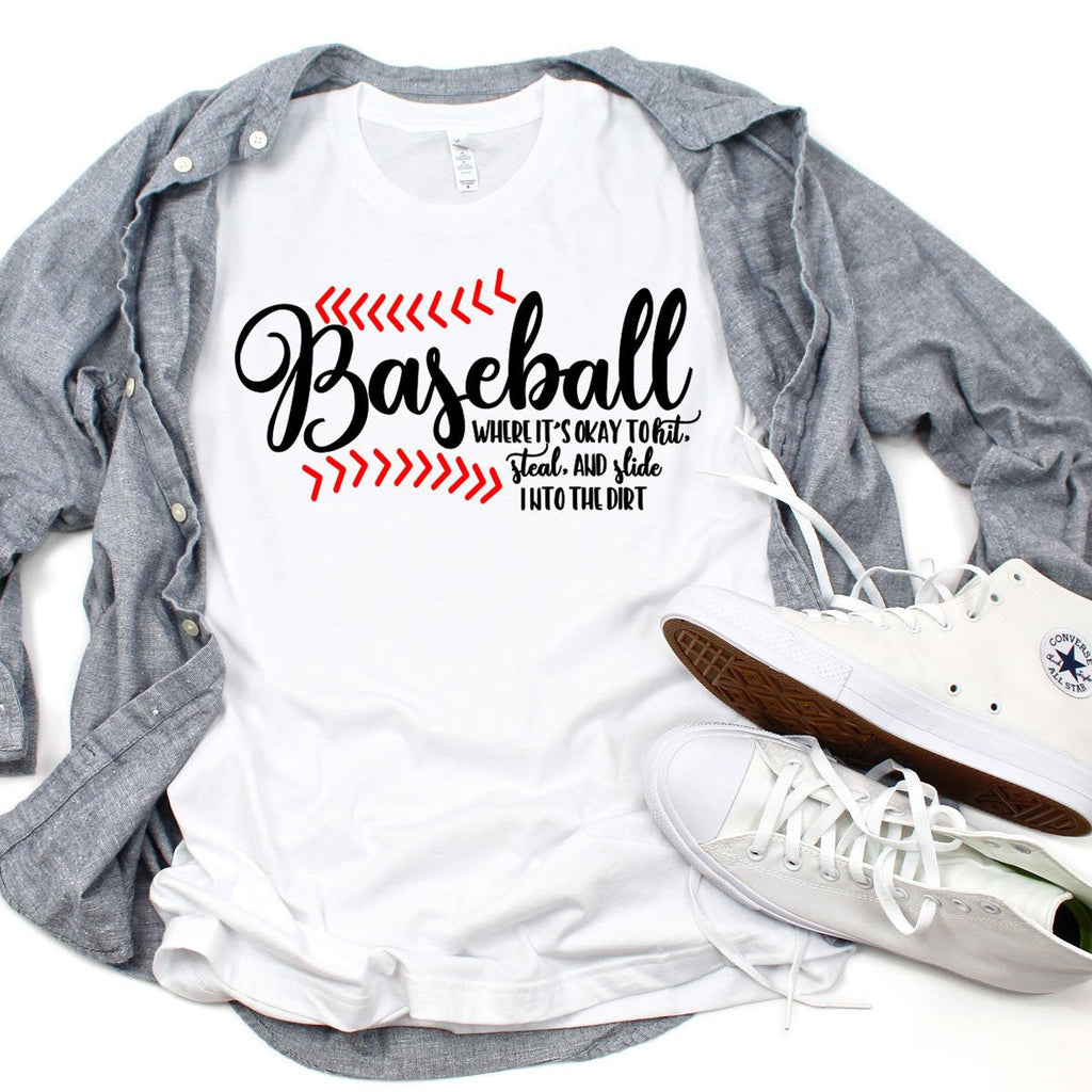 Baseball T-Shirt | "Where It's Okay to Slide" | White